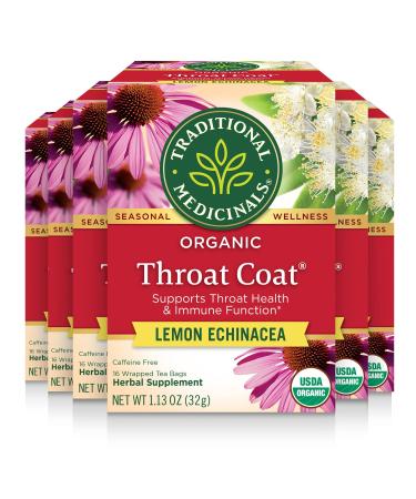 Traditional Medicinals Organic Throat Coat Lemon Echinacea Seasonal Tea 16 Count (Pack of 6)