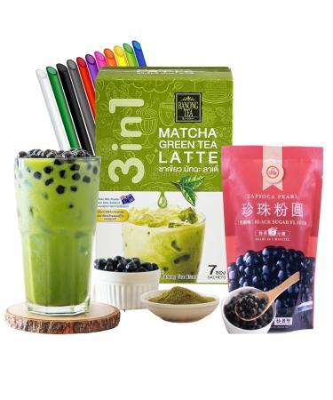 Matcha Bubble Tea Kit (7 servings) with Ranong Thai Tea Mix Matcha Green Tea Latte Instant Mix 161g and Wu Fu Yuan Black Tapioca Pearls 250g Including Mint Retail Boba Tea Straws