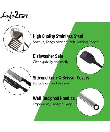 Outdoor Kitchen 10-Piece Cookware Set - Camping & RV Cooking Utensils in Compact Case - Stainless Steel Fork, Spoon, Knife & More - Grey - Buy Online on SooperMarket.com