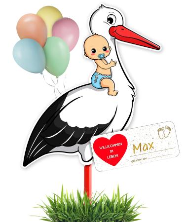 Gl cksgut rattierorch baby blue 100 cm |5-part set |Birth stork including wooden stick + name tag + greeting card + pen |Storch birth for outside & inside |Birth gift rattling ort with baby - boy