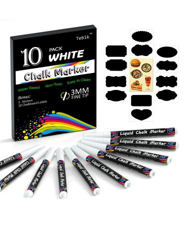 Tebik White Liquid Chalk Markers Set, Pack of 10 White Chalkboard Paint Pens with 12 Chalkboard Labels, 5 Stickers, Perfect for Chalkboards, Bistro Boards, Glass and Metal