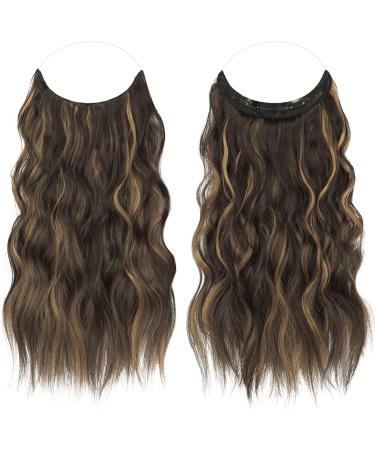 FESHFEN Invisible Wire Hair Extensions 20 Inch | Long Wavy Synthetic Hairpiece for Women | Brown Highlighted Caramel Blonde - Buy Online on SooperMarket.com