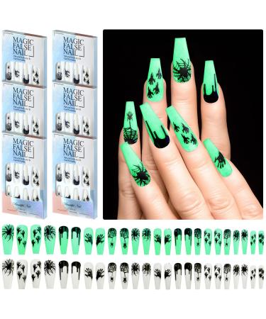 144 Pieces Halloween Glow in The Dark Nails Press on Nails Luminous Nails Coffin Nails Long Full Cover Noctilucent Nail with Glue on Spider Web Nails for Halloween Party Women Girls Fingernail Decor