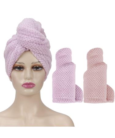 LuseCarl microfiber hair towel for women quickly drying anti-frizz head turban hair drying towels super absorbent soft with button design (purple with pink thick 2 pieces) purple with pink thick and thick 2 pack