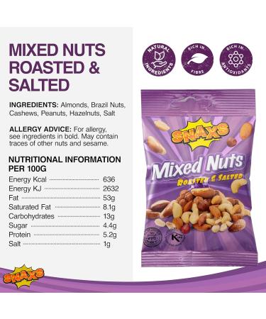 Snaxs Roasted Salted Mixed Nuts 12 x 40g - Almonds Brazil Nuts Cashews Peanuts and Hazelnuts Nuts Snacks - Healthy Kosher Nuts with Fibre Protein and Minerals - Ideal for Snacking - Buy Online on SooperMarket.com