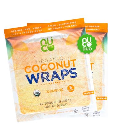 NUCO Certified Organic SHELF STABLE Paleo Gluten Free Vegan Non-GMO Kosher Raw Veggie Coconut Wraps Turmeric Flavor. NO Salt Added Low Carb and Yeast Free 10 Count (Two Packs of Five Wraps Each)