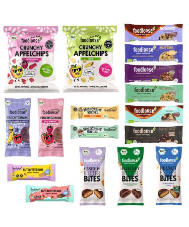 Foodloose to get to know each other |Vegan candy box with 17 different organic snacks without sophisticated sugar |Mix of nutring fruit gums groove butter bites apple chips and cream bars get to know package 31.12 g (17 Pack)