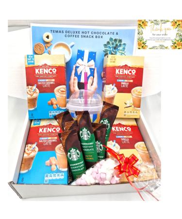 Instant Iced/Hot Coffee & Hot Chocolate Gift Box Contains 2 x Salted Caramel 2 x Vanilla Latte (32 Sachets) With 6x Hot Chocolate Sachets Marshmallow & Reusable Coffee Cup And Straw (Hot Chocolate)