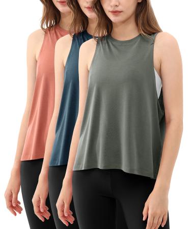 ODODOS 3-Pack Loose Tank Tops for Women Sleeveless Gym Athletic Workout Tops Yoga Shirts Steel+deep Teal+indian Red (Long) Small