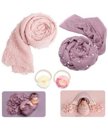 4 PCS Newborn Photography Props Wrap Knit Handmade Pearl Decor Wrap Blanket Swaddle Baby Photo Props Baby Photoshoot Props Prop 2PCS Newborn Photography Wraps + 2PCS Headband(Snow Powder/Purple Gray) 02 Snow Powder/Purple Gray