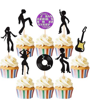 Rsstarxi 24 Pack 70's Disco Dancing Cupcake Toppers Glitter 80's Disco Dancer Cupcake Picks 70's 80's Disco Cake Decorations for Music Ball Disco Theme Wedding Birthday Party Decorations Design 1