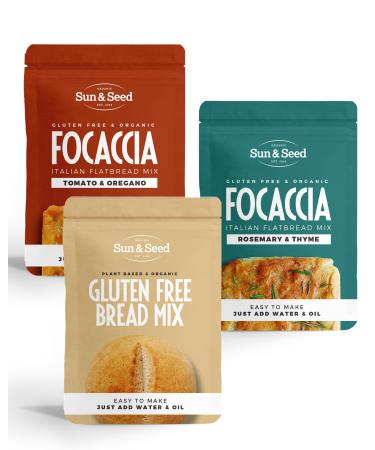 Organic Gluten Free Bread Mix & Focaccia Mix Bundle by Sun & Seed - 300g - 3 Pack - Vegan Friendly - Made From Organic Ingredients - Gluten Free Organic GF Bread & Focaccia Mix Bundle