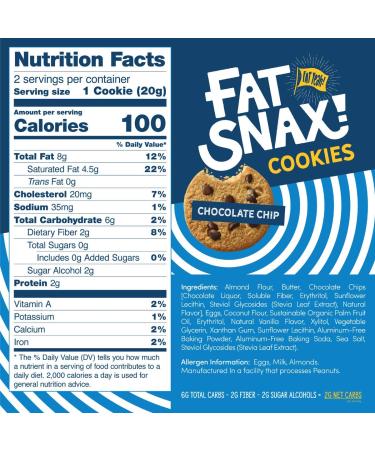 Fat Snax Low-Carb Soft Baked Keto Cookies - Chocolate Chip (Pack of 12) | Almond Flour, Gluten-Free, Low Sugar Snack | 2g Net Carbs, 8g Fat - Buy Online on SooperMarket.com