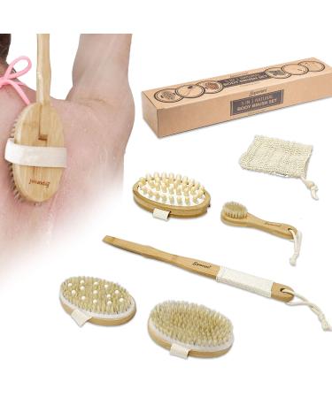Body Brush - 5 in 1 Wet or Dry Brush  Back Brush  Shower & Bath Brush Scrubber with Non-Slip Long handle  Exfoliating Face Brush Massager  Sisal Bag  Cellulite Massager  Natural Bristle  Gift Set 5 Piece Set