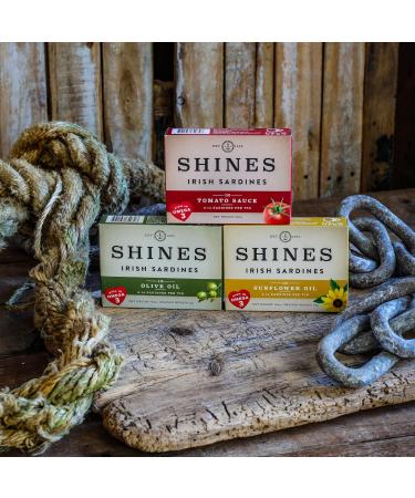Pack of Shines Irish Tinned Sardines - 3 Flavours Tomato Sauce Olive Oil and Sunflower Oil - Pilchards - Low Carb and High Protein - Canned Fish High in Omega 3 - 3x 106g Cans - Buy Online on SooperMarket.com