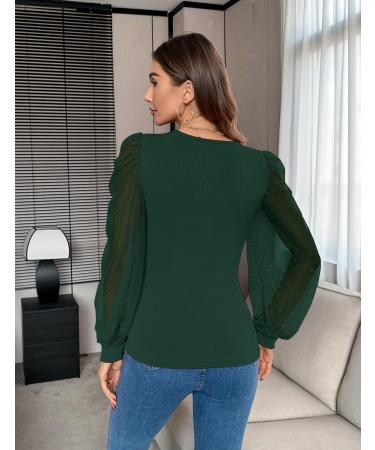 Fayenne Womens Tops Deep V Neck Cross Wrap Sexy Tops Polka Dot Mesh Long Sleeve T Shirt Casual Blouses L Dark Green - Buy Online on SooperMarket.com