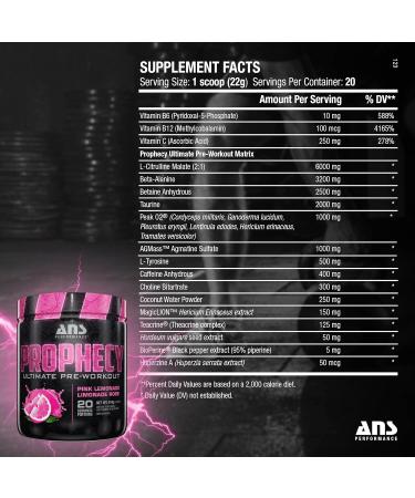 ANS Performance Prophecy Pre Workout Powder (20 servings 14.5 oz) Gluten Free Pre-Workout Formula - Energy & Strength - Sugar Free- Increase Power & Workout Volume (Pink Lemonade) - Buy Online on SooperMarket.com