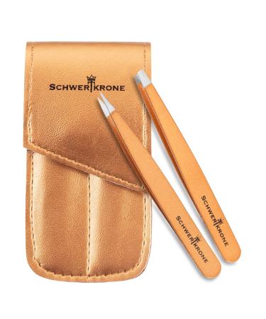 Sword crown tweezettes set 2 -part gold - plucking twin for hair removal - 100% stainless stainless steel - for women and men with practical case