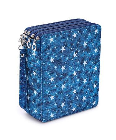 BTSKY Colored Pencil Case- 160 Slots Pencil Holder Pen Bag Large Capacity Pencil Organizer with Handle Strap Handy Colored Pencil Box with Printing Pattern Blue Star Bright Blue
