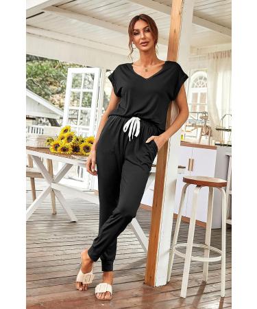 Prettigarden Women's 2 Piece Tracksuit Set - V Neck Short Sleeve Top and Long Pants Outfit Jogger Set in Black, Size Large - Buy Online on SooperMarket.com