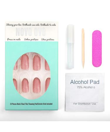 Novo Ovo Medium-Length Oval Almond Dark Pink & Gold Glitter French Tip Press-On Nails | Chrome Artificial Fingernails | Easy Sticking with Glue - Buy Online on SooperMarket.com