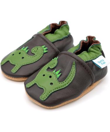Dotty Fish Soft Leather Baby Shoes for Boys | Non Slip Toddler Shoes with Green Dinosaur Design | 0-6 Months to 4-5 Years - Buy Online on SooperMarket.com