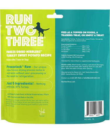 RUN TWO THREE Freeze Dried Nibblers - Ultra Premium Dog Treats - All Natural, High Energy Proteins - Turkey Sweet Potato Recipe - Made in USA - Buy Online on SooperMarket.com