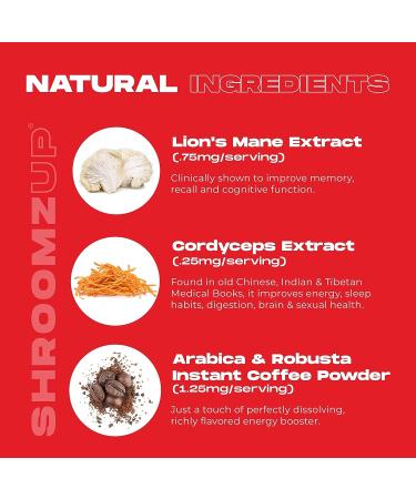 Shroomzup Mushroom Coffee Instant (15 Pack) - Lion's Mane and Cordyceps Superfood Coffee for Keto Vegan Paleo - Brain Focus & Productivity Boost - Buy Online on SooperMarket.com
