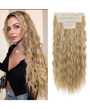 Clip in Hair Extensions REECHO 5PCS Brown Hair Extensions 24" Thick Long Loose Waves hair extensions HE002 Invisible Lace Weft Natural Soft Hairpieces for Women C Dark Blonde with Highlights