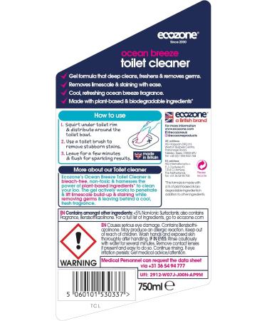 Ecozone Toilet Cleaner Gel Removes Limescale Fresh Ocean Breeze Fragrance 3-in-1 Anti Bacterial Eco Bathroom Formula Naturally Gently Cleans and Freshens Bleach Free Vegan Friendly (750ml) - Buy Online on SooperMarket.com