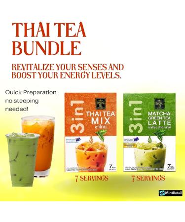 Thai Milk Tea Bundle - 14 Sachets with Ranong 3 in 1 Instant Thai Tea Mix and Ranong Matcha Green Tea Latte Instant Mix Including Mint Retail Boba Tea Straws - Buy Online on SooperMarket.com