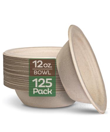 100% Compostable 12 oz. Paper Bowls 125-Pack Heavy-Duty Quality Natural Disposable Bagasse, Eco-Friendly Biodegradable Made of Sugar Cane Fibers