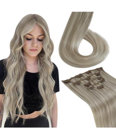 Laavoo clip in Extensions real hair blonde real hair extensions clip Double Golden Blond Highlight Middle Blond Clip in hair extension real naar smooth 105g 7pcs #16/245cm-105g 4.1/22