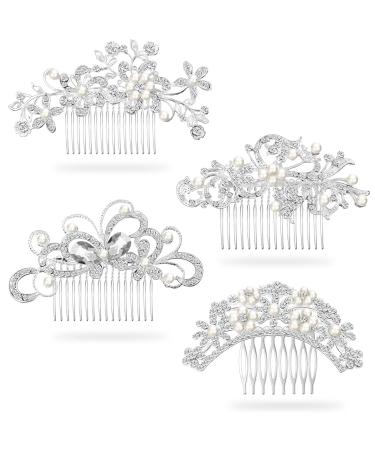 4 Pieces Wedding Hair Accessories for Brides Faux Pearl Crystal Bridal Hair Accessories Hair Side Bridal Comb Rhinestone Wedding Hair Pieces Bridal Flower Hair Comb for Women Girls (Classic Style)
