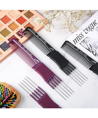 4 Pieces Carbon Lift Teasing Combs - Salon Lifting Fluffing Comb for Women - Black and Purple Artsy Style - 5 Stainless Steel Pins Included - Buy Online on SooperMarket.com