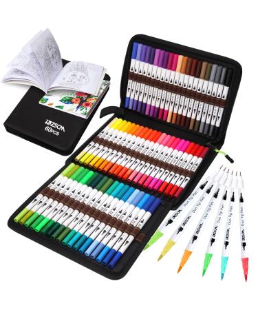 ZSCM Art Duo Tip Brush Markers Set, 60 Colors Fine& Brush Tip Artist Drawing Pens Set with Coloring Book, for Kids Adult Sketching Bullet Journal Planner School Supplies Child Gifts A-60 Colors