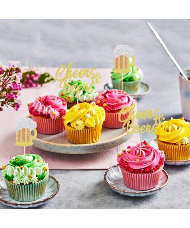 Arthsdite 24Pcs Cheers Beer Mug Cupcake Toppers Beers Cake Topper Decorations Cheers Beer Festival Celebrating Birthday Party Supplies - Gold Glitter - Buy Online on SooperMarket.com