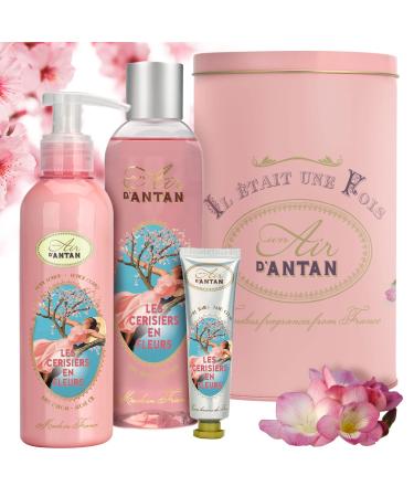 Un Air d'Antan Spa Gift Basket for Women 3-Piece French Bath Body Gift Set for Women: 1 Hand Cream 1 Shower Gel 1 Body Lotion Cherry Blossom Freesia-Birthday Gifts for Wife Spa Gift Box for Women