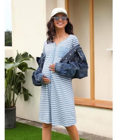 Marvmys Maternity Nightdress for Breastfeeding & Hospital - XL, Blue - Nursing Nightgown with 3/4 Sleeves, V Neck, Button Down - Soft Sleepwear for Pregnant Women - Buy Online on SooperMarket.com