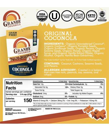 Grandy Organics Original Coconola Gluten Free Granola - Certified Organic, Keto & Paleo Friendly, Non-GMO - 9oz Bags, Bulk Pack of 3 - Buy Online on SooperMarket.com