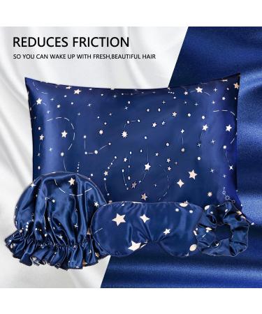 Whaline 4Pcs Body Silk Satin Pillowcase Set with Eye Mask, Scrunchie, and Hair Cap | Starry Dark Blue Sky Theme | Hypoallergenic and Soft Pillow Cover for Hair and Skin - Buy Online on SooperMarket.com