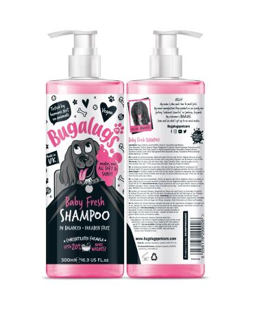 BUGALUGS Baby Fresh Dog Shampoo 500ml dog grooming products for smelly dogs with baby powder scent Vegan best pet puppy shampoo conditioner professional (1x500ml)