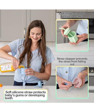 Cute 2-1 Silicone Straw Sippy Cup - 5.4oz Spill-proof for Babies 6+ Months - Double Handles, Angled Straw, Grooved Body, Includes Cleaning Brush (Pink) - Buy Online on SooperMarket.com