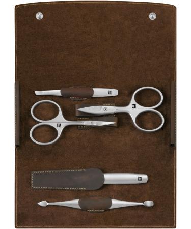 Twin manicure and pedicure set travel etui set for hands and feet nail care real leather 5-part premium brown 5 pieces (1 Pack)
