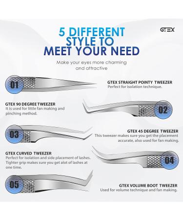 GTEX Circle Grip Lash Tweezers - Japanese Steel, Professional 5 Pack for Eyelash Extensions - Silver - Buy Online on SooperMarket.com