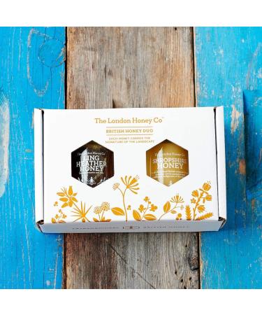 The London Honey Co. British Honey Duo (2x250g Jars) + Wooden Dipper - Ling Heather & Shropshire Creamed - Raw, Unpasteurised, All Natural - Honey Gift Set - Buy Online on SooperMarket.com