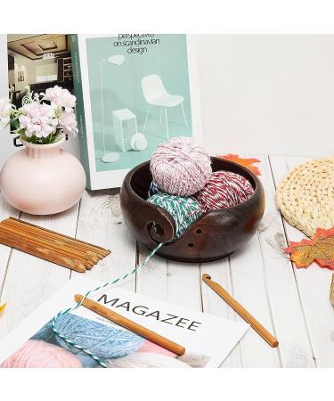 Handmade Wooden Yarn Bowl with 12 Crochet Hooks - Dark Brown 7x7x3 Inch - Crocheting & Knitting Storage and DIY Crafts Tools - Buy Online on SooperMarket.com