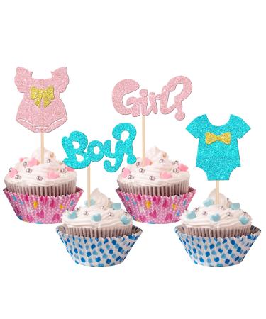 Rsstarxi 24 Pack Boy or Girl Cupcake Toppers with Glitter Bow Tie Skirt Gender Reveal Cupcake Picks Decorations for Baby Shower Kids Birthday Gender Reveal Party Cake Decorations Design 1