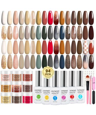 Lavender Violets Dip Powder Nail Kit 30 Colors Morandi Misty Glitter Skin Nude Gold Brown Sage Green Acrylic Liquid Set Base Top Coat Activator Brush Saver with Sticker Manicure Starter B704