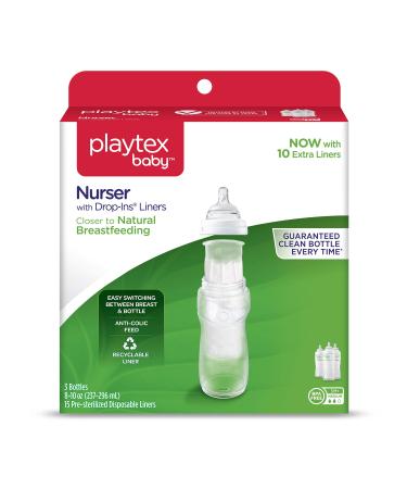 Playtex Baby Nurser Bottle with Pre-Sterilized Disposable Drop-Ins Liners Closer to Breastfeeding 8 Ounce Bottles 3 Count